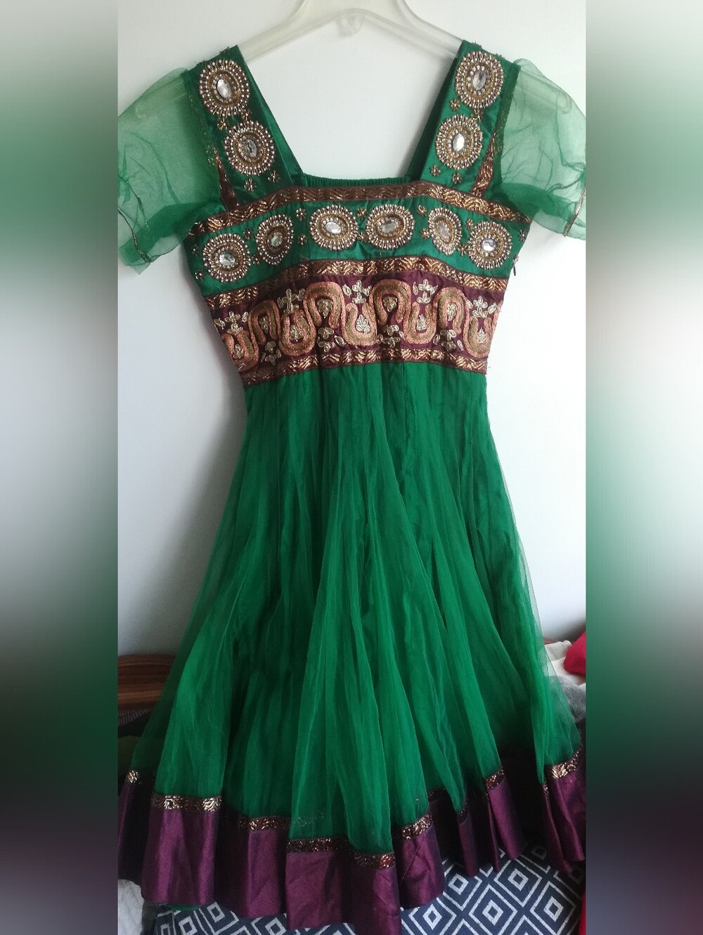 Women Green Embellished Party Dress with Gold Accents